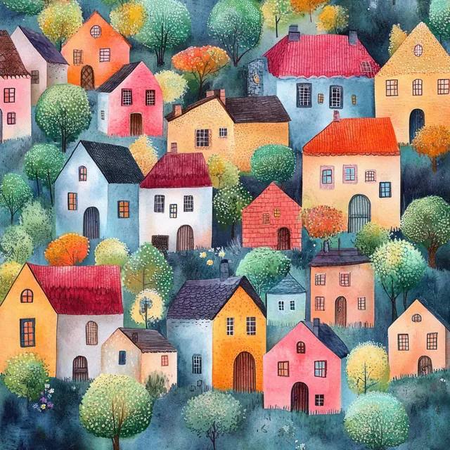 Watercolor illustration of clustered colorful houses and rooftops with trees under a soft glowing sky.
