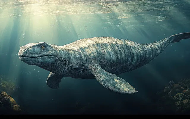 A long-necked plesiosaurus swims underwater under dappled sunlight in a calm lake.