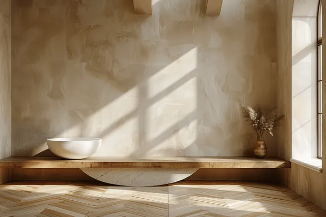 Sunlight fills a beige room with herringbone wood flooring and a minimalist abstract dining table.