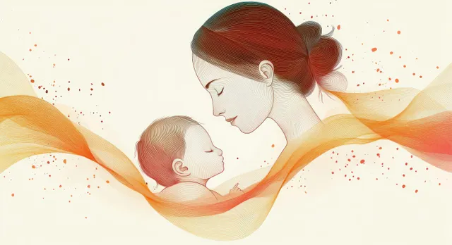 Nursing mother cradles baby in minimalist line art, soft pastel glow
