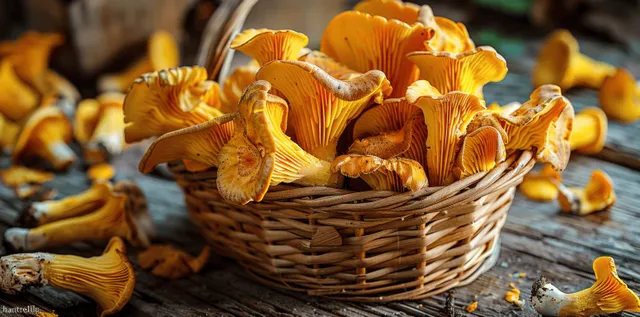 Chanterelle mushrooms in a wicker basket on a rustic wooden table in autumn with Food Still Life