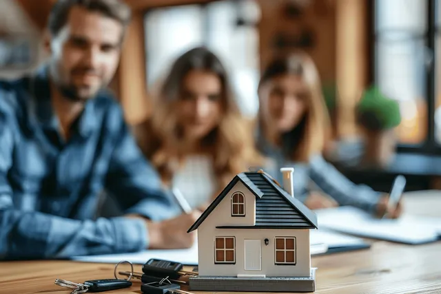 A house model and keys sit on a desk while a couple signs a home purchase agreement with an agent nearby.