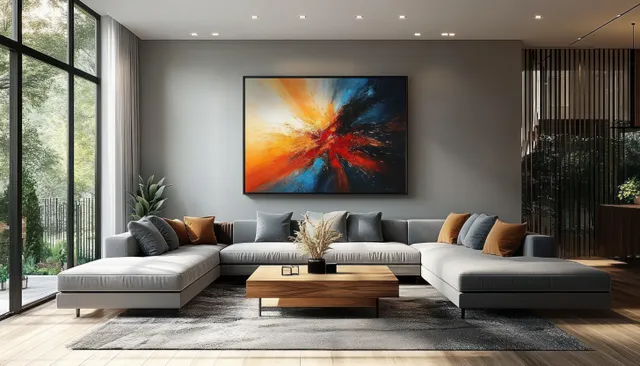 Gray sectional sofa in minimalist modern living room with abstract wall art and floor-to-ceiling windows