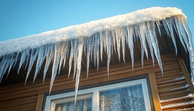 Icicles hang from a snow-covered wooden roof above a window under a clear blue winter sky.