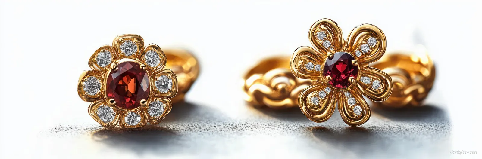 Two gold floral rings with red gemstones and small diamonds on a soft light surface.