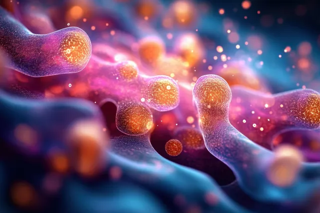 Glowing orange spheres sit within blue tubular cellular structures on a colorful pink and blue background.