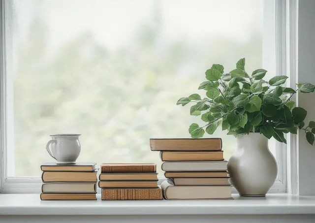 Stacked books and a green potted plant sit beside a bright window with soft natural light.