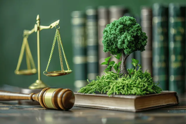 Legal scales beside a gavel and book with a tree on moss