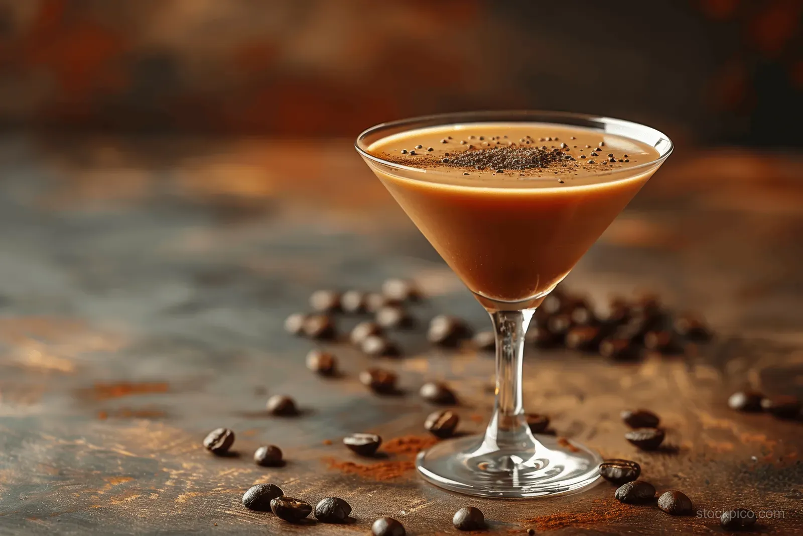 A coffee martini in a stemmed glass sits on a table with scattered coffee beans.