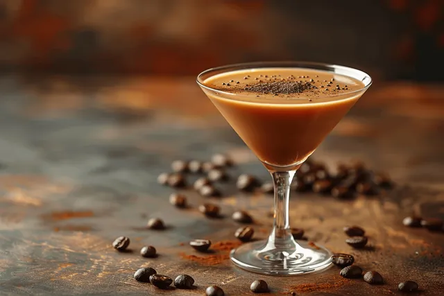 Coffee martini cocktail in a stemmed glass with scattered beans