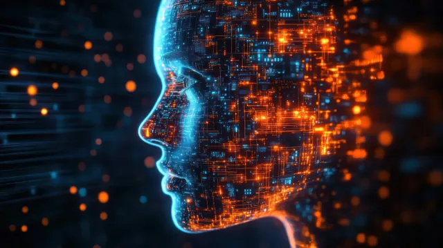Futuristic human head silhouette wired with glowing circuits and data streams