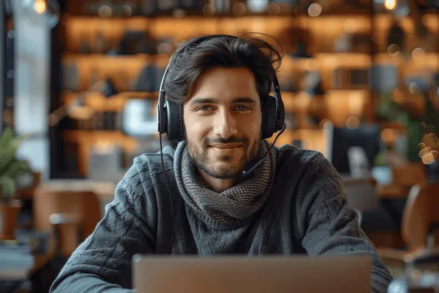 Smiling call center agent wearing headset in cozy office with Customer Support