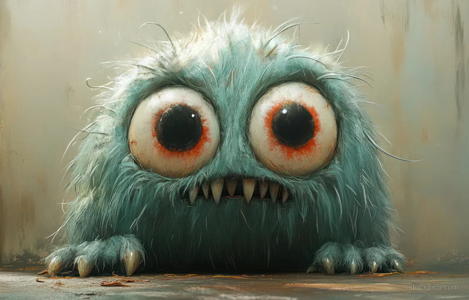 A fuzzy cartoon monster crouches under a warm spotlight, with huge eyes and sharp teeth.
