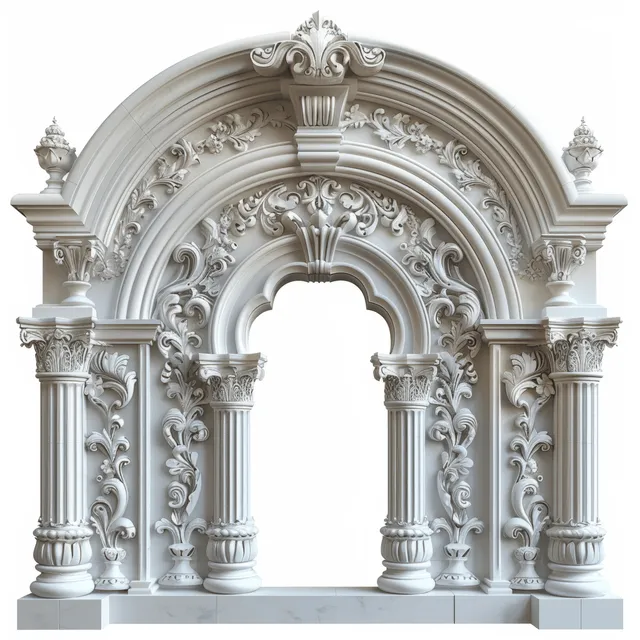 Centered white gothic arch with ornate carved columns and decorative stone details on a clean isolated background.