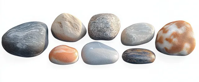 Nine smooth rounded stones of different colors and textures arranged on a white background.