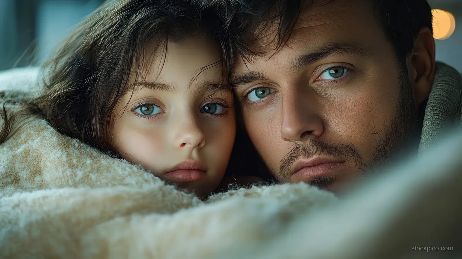 A young girl and a man wrapped in a beige blanket share a calm close-up moment indoors under soft light.