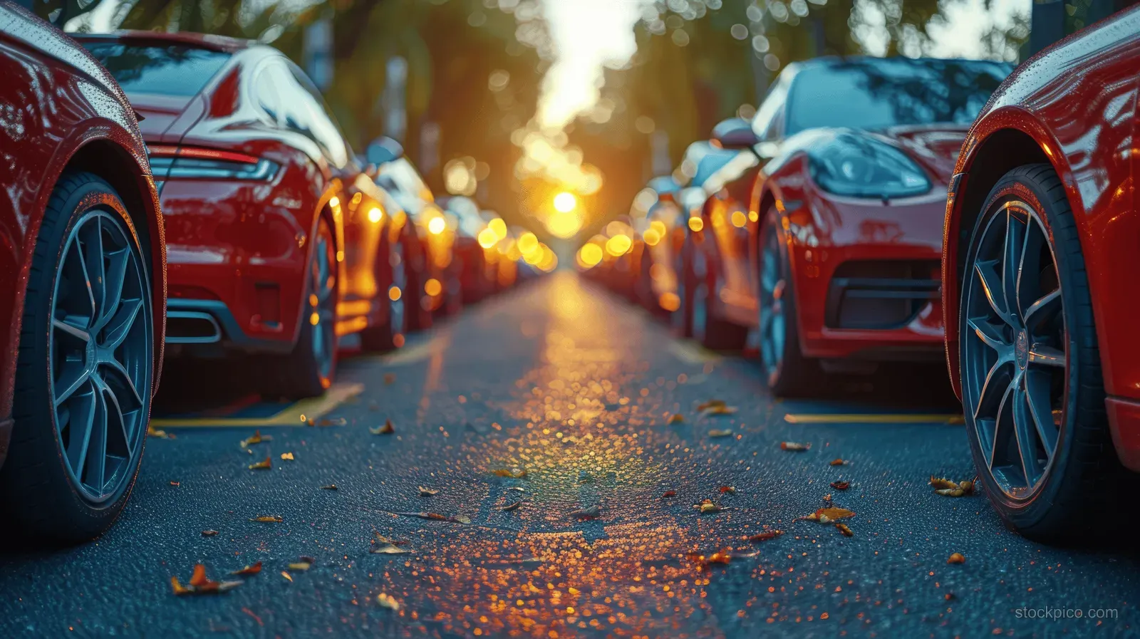 Rows of parked cars in an outdoor lot at sunset with warm light between vehicles.