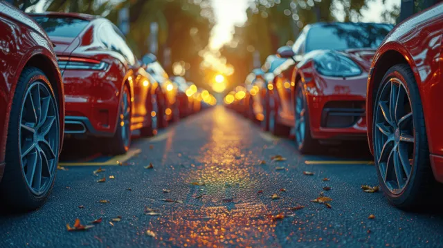 Rows of parked cars in an outdoor lot at sunset with warm light between vehicles.