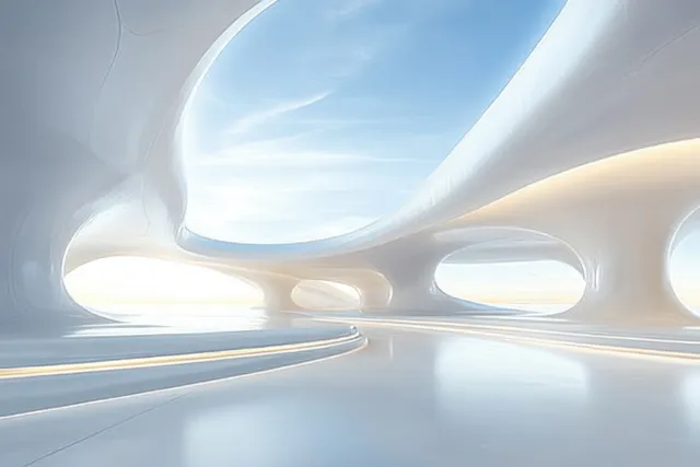 Curved white interior corridor with skylight openings and smooth light reflections along the floor.