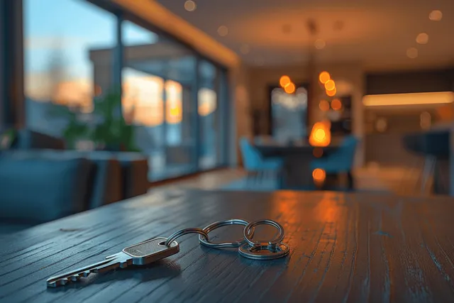 Metal keys and keyring lie on a wooden table inside an apartment with a blurred kitchen and living room behind.