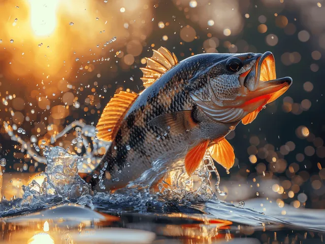 Largemouth bass jumps out of the water at golden hour, splashing droplets across a river surface.