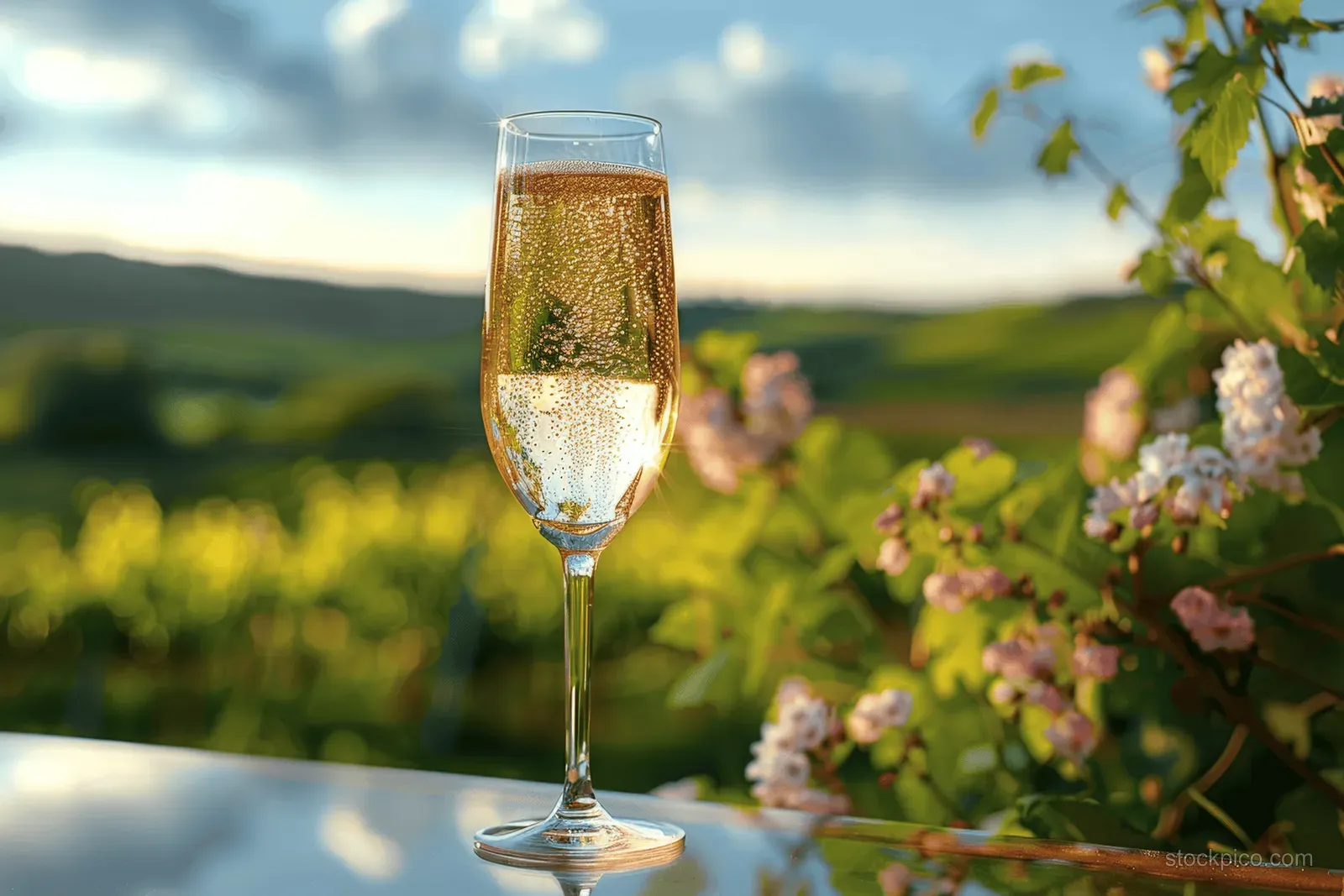 A sparkling champagne flute on an outdoor terrace with vineyard greenery and blue sky blurred behind it.