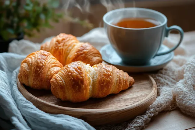 Cruasanes hojaldrados descansan sobre una tabla de madera junto a una taza de té humeante sobre una mesa cubierta con tela.