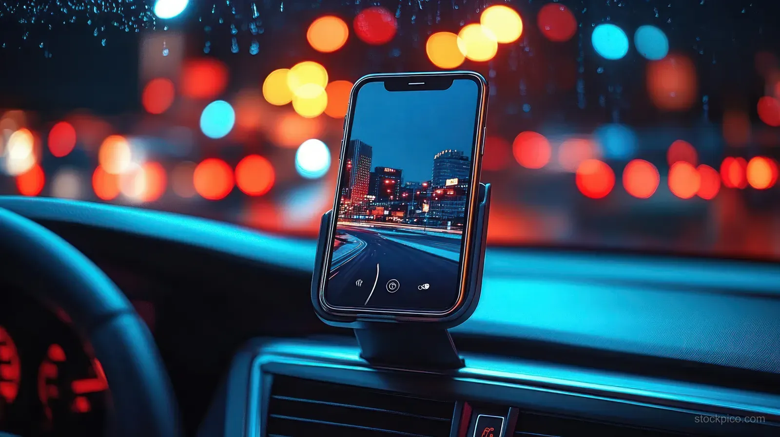 Smartphone mounted on a car dashboard displays a curved night city street with colorful bokeh traffic lights.