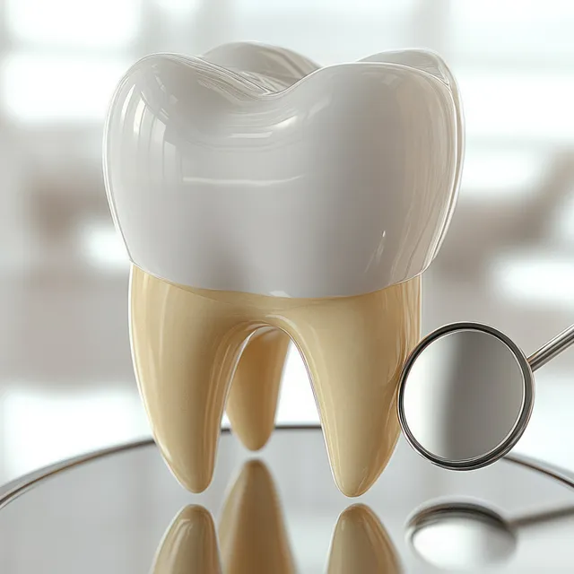 A 3D tooth model with visible roots sits beside a dental mirror reflecting the tooth surface in bright clinical light.