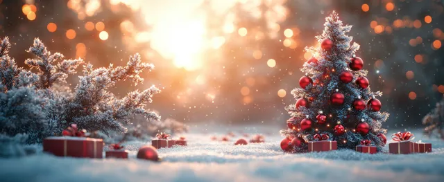 Snow-covered Christmas tree decorated with red ornaments beside red gift boxes under glowing bokeh lights at night.