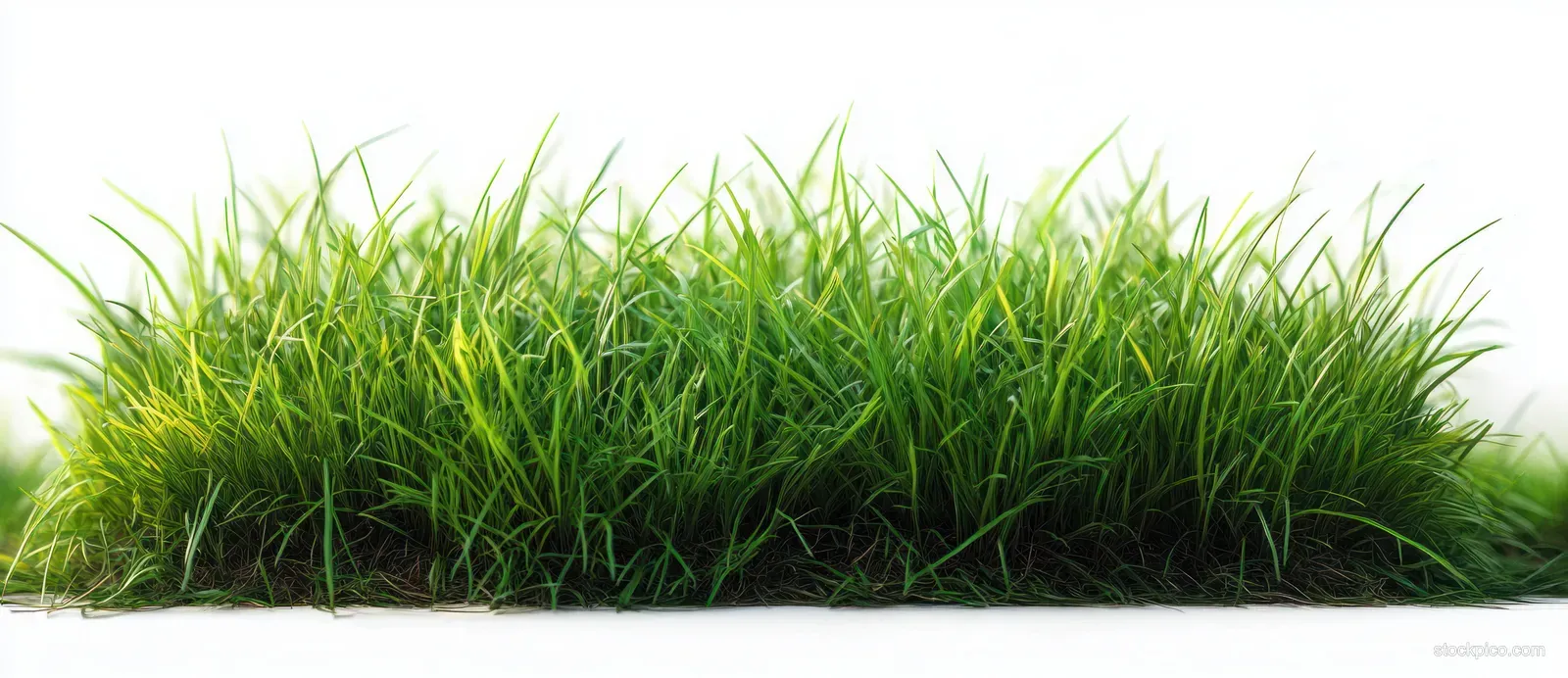 Dense vibrant green grass blades growing in a clump against a white background.
