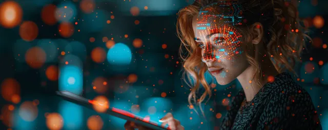 Woman using holographic dashboard with data and cyber symbols in dark studio lighting