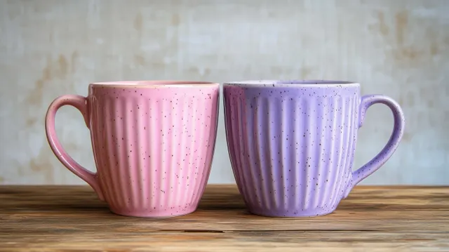 Pink and purple speckled ceramic mugs placed side by side on a wooden table against a neutral background.