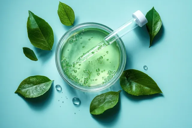 Green bubbling liquid sits in a glass petri dish with a dropper and fresh leaves on a blue background.