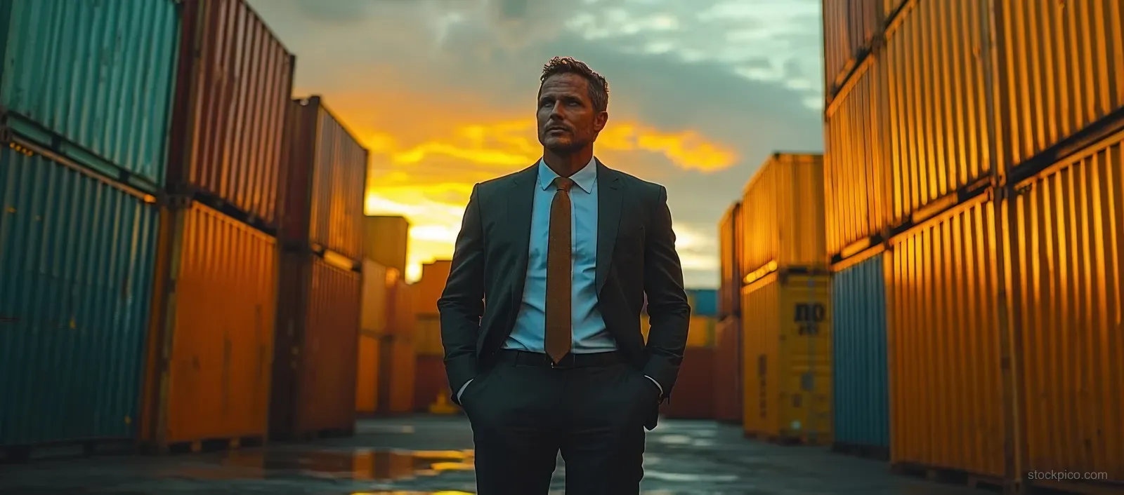 A suited businessman oversees shipping logistics between colorful container rows in a yard at sunset.