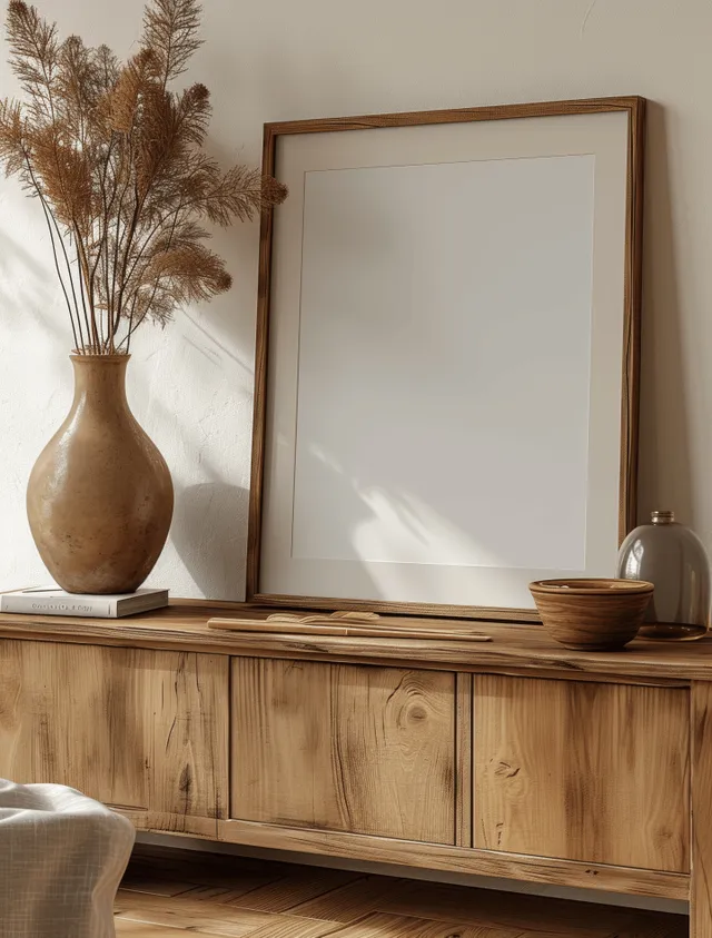 Blank poster in a rustic wooden frame on a wooden console with pampas grass vase against a beige wall.