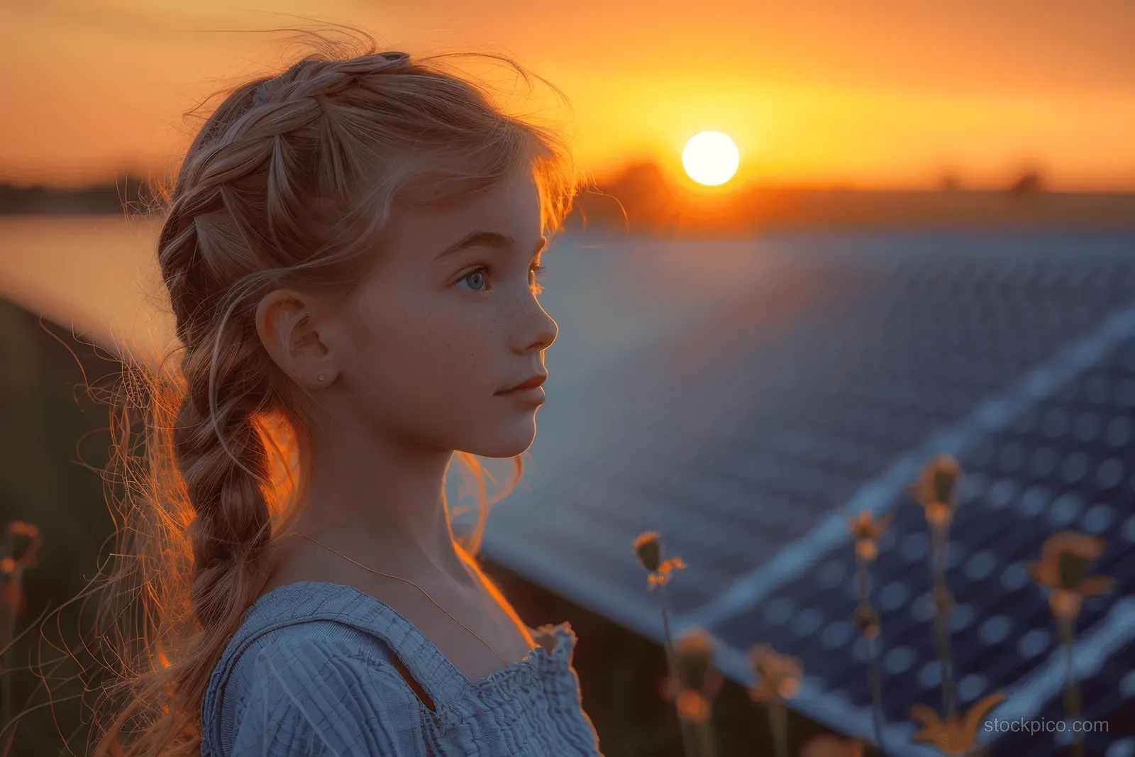 Young girl with braided hair stands beside solar panels at sunset with warm golden light on her profile.