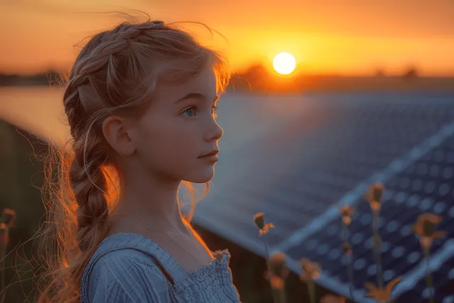 Young girl with braided hair stands beside solar panels at sunset with warm golden light on her profile.