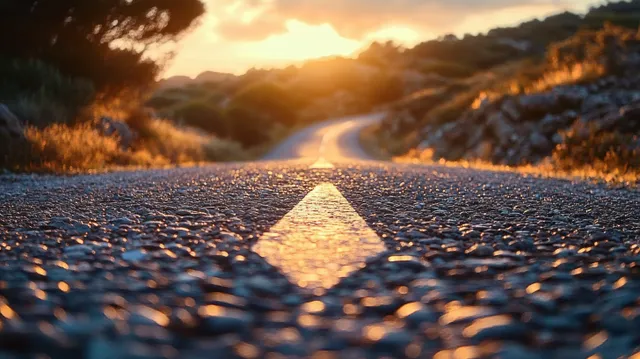 An asphalt road with a painted arrow points toward a glowing sunrise over the horizon.
