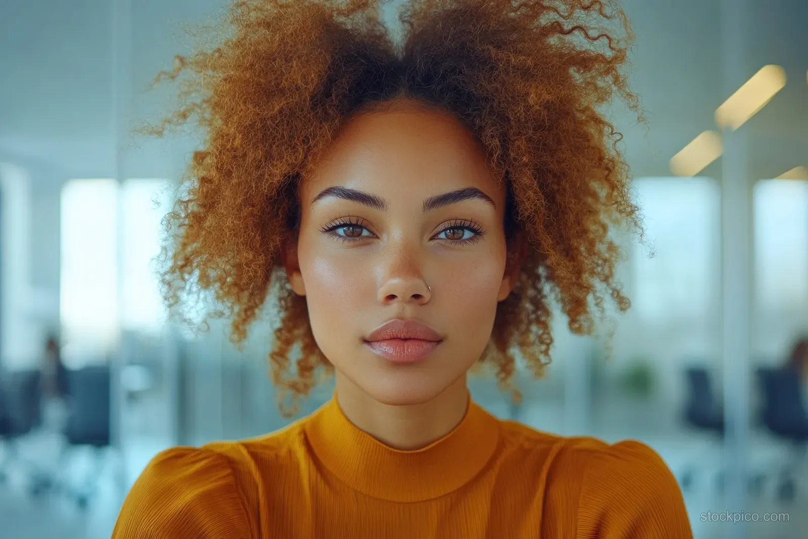 African American businesswoman in an orange blouse stands in a bright office.