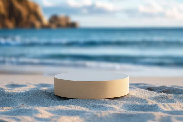 A blank round wooden podium rests on sandy beach with ocean waves and cloudy horizon in the background.