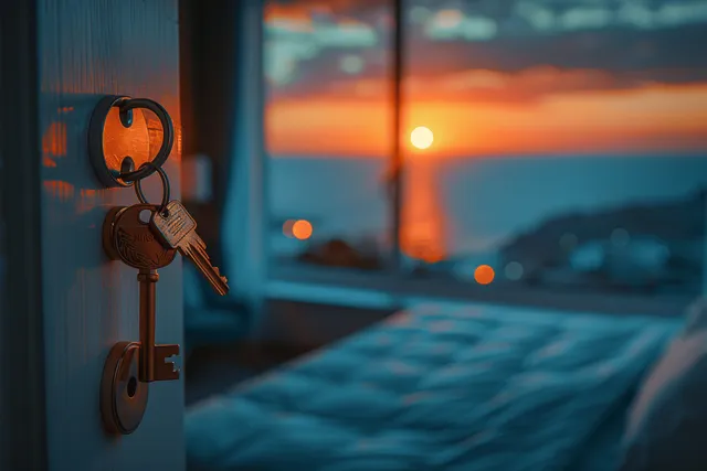 Keys hang on a slightly open hotel door while a sunset-lit ocean view blurs in the room behind it.