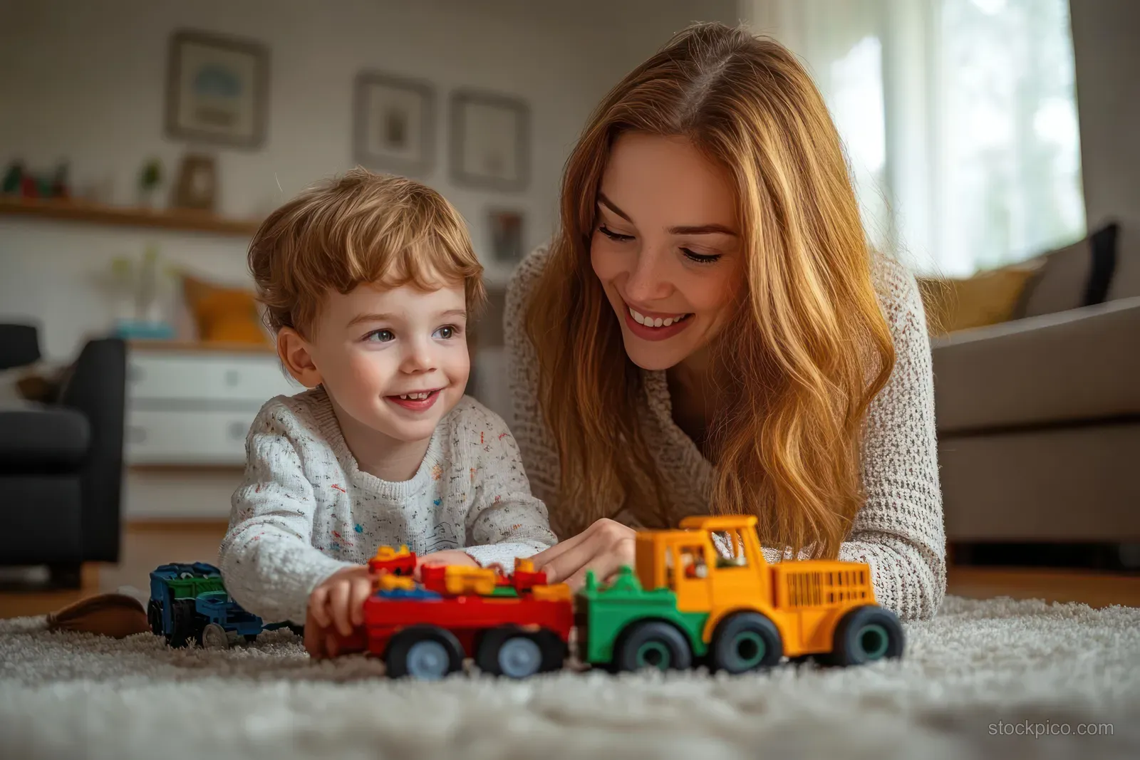 Smiling caregiver and young boy play with colorful toy trucks together on a plush carpet in a cozy living room.