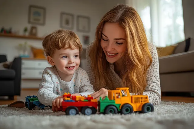Smiling caregiver and young boy play with colorful toy trucks together on a plush carpet in a cozy living room.