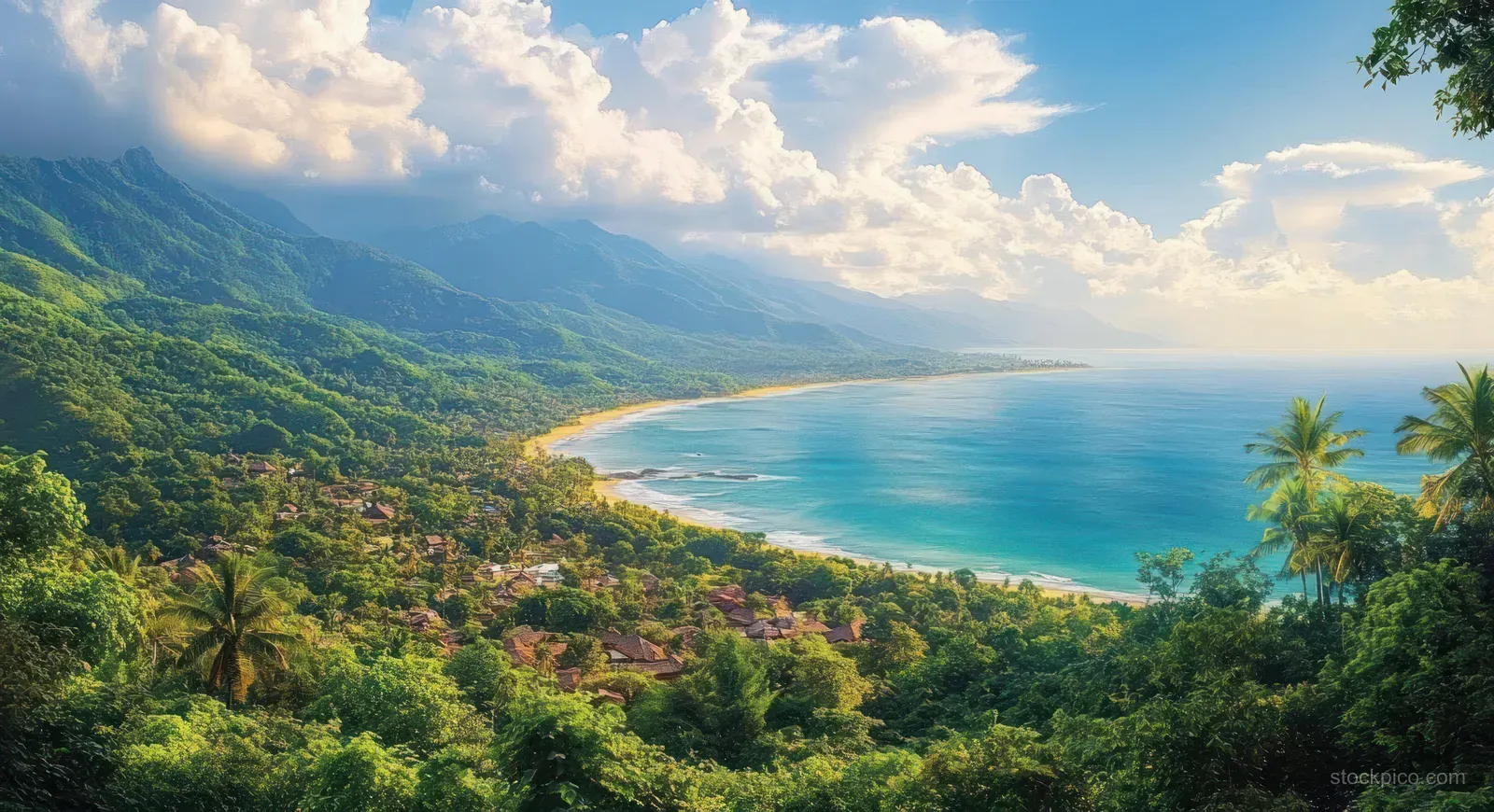 Tropical palm trees and a small village overlook a calm blue ocean bay under partly cloudy skies.