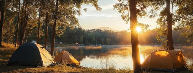 Tents by a calm lakeshore in pine forest as golden sun flares through trees