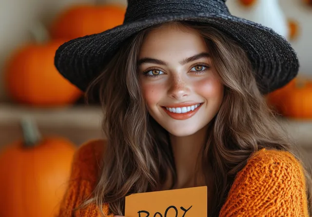 Smiling Woman in Witch Hat Holding Boo Sign Among Pumpkins