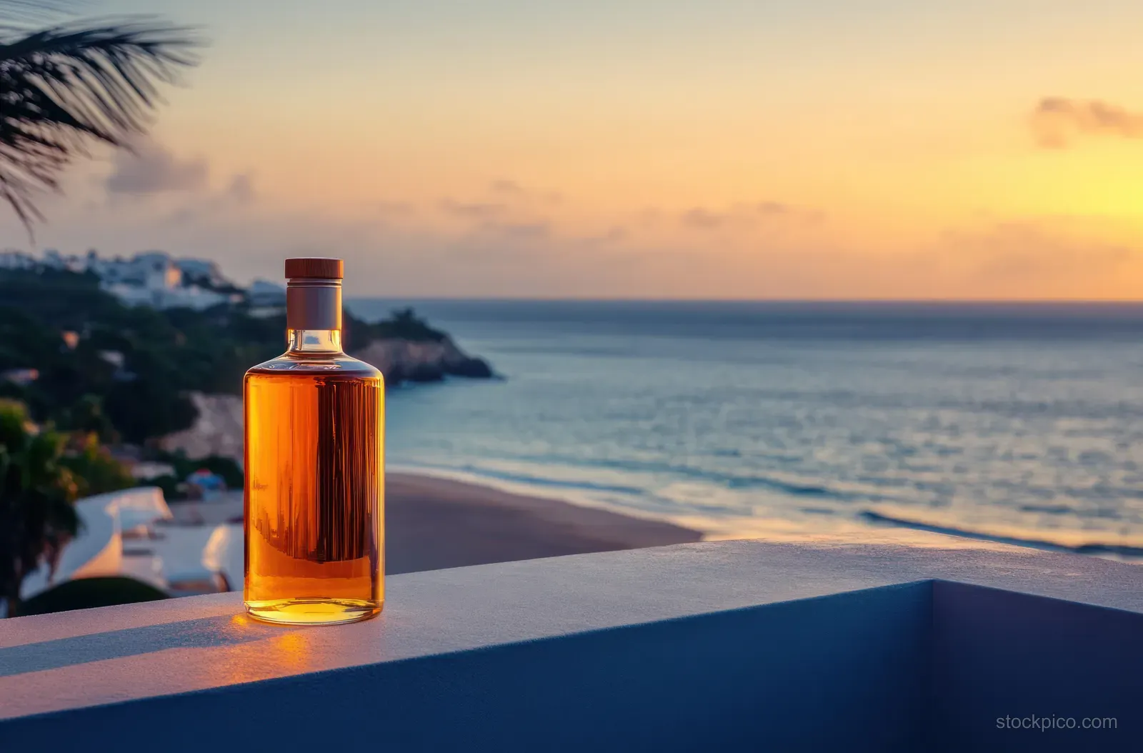 Amber liquor bottle on a balcony railing overlooking calm ocean and distant coastline at sunset.