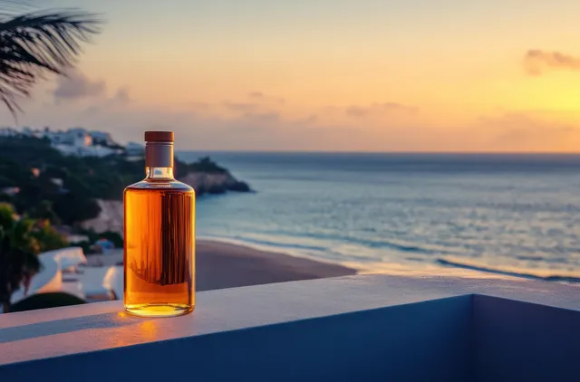 Amber liquor bottle on a balcony railing overlooking calm ocean and distant coastline at sunset.