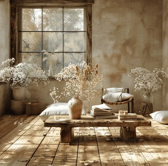 Warm Japandi living room with beige walls, wooden floor, and a table vignette beneath window light.